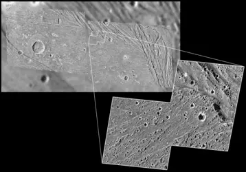 Ganymède: Harpagia Sulcus - crédits : Brown University/ DLR/ JPL/ NASA